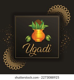 Happy  New Year hindu Indian festival Ugadi (Gudi Padwa).  golden Kalash ( pot)  with mango