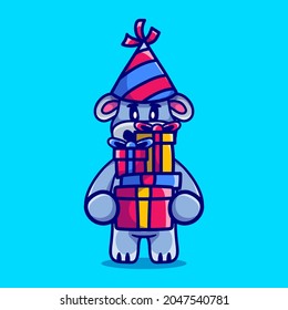happy new year hippo brings a pile of gifts, suitable for happy new year or birthday t-shirt designs and cute animal mascots