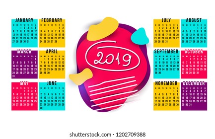 Happy New Year Hipster modern trendy bright calendar for the year 2019 geometric bright hand drawn elements for the business calendar, the annual report or presentation, greeting card