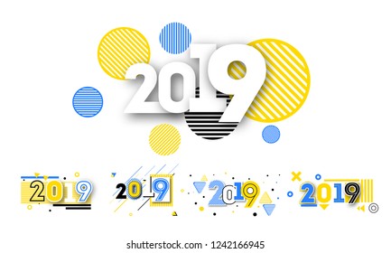Happy New Year Hipster modern trendy bright symbol of the year 2019 geometric bright isolated elements for the business calendar, the annual report or presentation, greeting card or for a notebook 