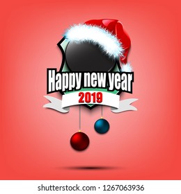 Happy new year. Hockey logo template design. Hockey puck with santa hat. Pattern for banner, poster, greeting card, party invitation. Vector illustration