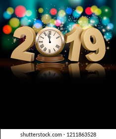 Happy New Year holiday background with 2019, a clock and firework. Vector.