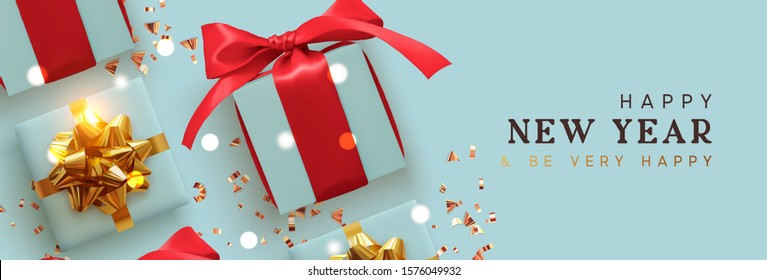 Happy New Year. Holiday Background with realistic gift boxes, golden glitter confetti, bokeh lights. Happy New Year and Be Very Happy. Horizontal Christmas poster, greeting card, headers for website