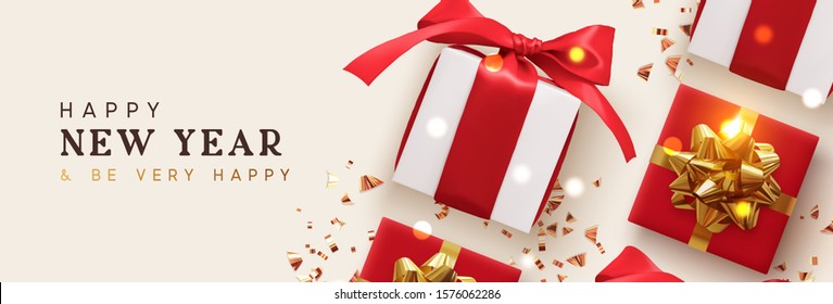 Happy New Year. Holiday Background with realistic gift boxes, golden glitter confetti, bokeh lights. Happy New Year and Be Very Happy. Horizontal Christmas poster, greeting card, headers for website