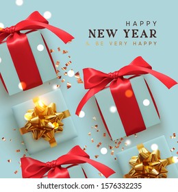 Happy New Year. Holiday Background with realistic gift boxes, golden glitter confetti, bokeh lights. Happy New Year and Be Very Happy.