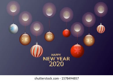 Happy New Year. Holiday background with silver and gold Christmas ball, spruce branch and lettering Marry Christmas. Vector illustration. Great for christmas cards, banners