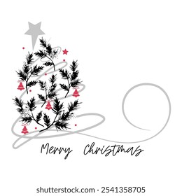 Happy New Year Holiday Background with Christmas Tree. Vector Christmas Greeting Card for Winter Holiday Design. Xmas Banner Template Cartoon Sketch Style