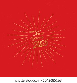 Happy New Year holiday background with firework rays and lettering 2025. Winter Christmas grunge greeting card with handwritten Lettering HAPPY NEW YEAR 2025