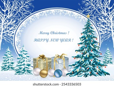 Happy New Year. Holiday background, greeting card with Christmas tree, gift boxes and balls on the background of an oval poster with snowflakes. Vector 3D illustration