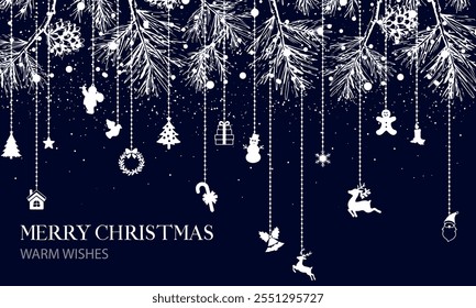 Happy New Year Holiday Background with Christmas Tree Branches and Toys. Vector Christmas Greeting Card for Winter Holiday Design. Xmas Banner Template Minimalist Monochrome Style