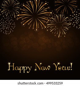 Happy New Year holiday background. Gold abstract firework for card, greeting, Xmas celebrate banner. Light glow, sparkle. Merry Christmas celebration design. Golden decoration Vector illustration