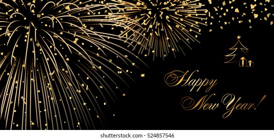 Happy New Year holiday background. Gold abstract firework for card, greeting, Xmas celebrate banner. Light glow, sparkle. Merry Christmas celebration design. Golden decoration Vector illustration