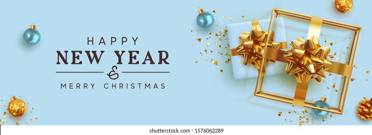 Happy New Year. Holiday banner Merry Christmas. Xmas design realistic gift boxes, 3d hollow gift-shaped cube, gold balls, glitter gold confetti. Festive Horizontal poster, header for website