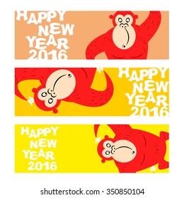 Happy new year. Holiday banner for Web. Symbol of Chinese year 2016-Red monkey. Funny, cute wild animal monkeys