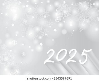 Feliz Ano Novo fundo turvo feriado com flocos de neve e letras 2025. Cartão de saudação de Natal de inverno. Fundo de neve do inverno do feriado de Noel.