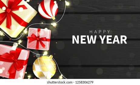Happy New Year holiday card. Top view on gift boxes and Christmas balls on black wooden texture. Vector illustration with confetti. Xmas decorative design for Christmas posters, greeting cards.