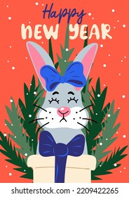 Happy new year. Holiday card with cute cartoon rabbit and slogan. Bunny with christmas tree and gift box on snowfall background. Hand drawn vector illustration