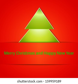 Happy new year. Holiday catchy background. Christmas tree cutted from paper on red background. Vector illustration with space for your text. Easy to edit. eps10