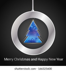 Happy new year. Holiday catchy background. Christmas tree cutted from paper on blue background. Vector illustration with space for your text. Easy to edit. eps10