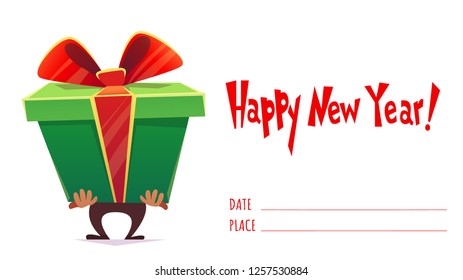 happy new year holiday celebration greeting postcard banner card invitation , man hold big huge gift box surprise withgreen ribbon with tied bow Cartoon flat stile funny vector illustration.