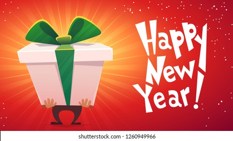 happy new year holiday celebration postcard banner card, man hold big huge gift box surprise with green ribbon with tied bow on red background , cartoon flat stile funny vector illustration