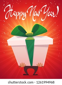 happy new year holiday celebration postcard banner card, man hold big huge gift box surprise with ribbon tied bow , cartoon flat style funny vector illustration