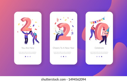Happy New Year Holiday Celebration Mobile App Page Onboard Screen Set. Cheerful People Holding Huge Numerals 2020 and Festive Supplies Concept for Website or Web Page. Cartoon Flat Vector Illustration