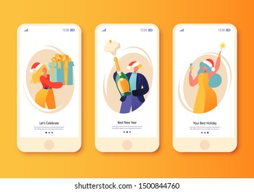 Happy New Year holiday celebration concept for mobile app page, onboard screen set. Cheerful people give gifts, open champagne and hold sparklers. Concept for website, web, homepage, landing page. 