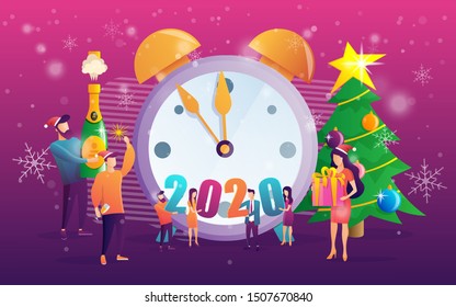 Happy New Year holiday celebration concept for web page. Cheerful people give gifts, open champagne and hold sparklers. Concept for website, web, homepage, landing page. Vector illustration