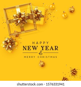 Happy New Year. Holiday Christmas yellow background. Xmas design realistic gift boxes, 3d hollow gift-shaped cube, gold balls, glitter gold confetti. Festive poster, banner, greeting card