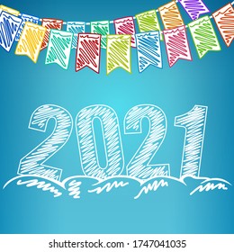 Happy new year , holiday colorful bunting flags and the text 2021 in the drifts of snow , drawing crayons or markers, winter background, vector illustration