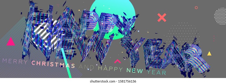 Happy New Year for holiday concept modern design with geometric 3d elements and 80s memphis bright style. Christmas techno party art with abstract shapes. Vector illustration