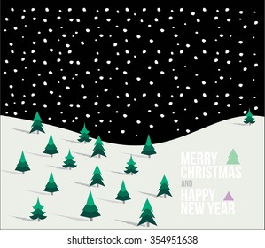 Happy new year holiday decoration greeting card design with pine trees and vintage label illustration