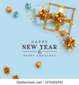 Happy New Year holiday gift card. Festive Design Xmas present, blue and gold gift boxes, 3d hollow gift-shaped cube, bauble balls, glitter gold confetti. Greeting Merry Christmas