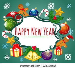 Happy New Year, Holiday, Gingerbread Man Cookies, Candy, Gifts, Christmas Hat, XMas Balls, Gold Stars, Jingle Bells, European Holly, Ilex Aquifolium EPS 10