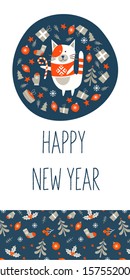 Happy New Year! Holiday greeting card. Christmas ornament. Vector illustration.