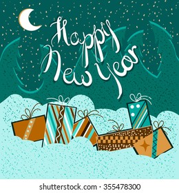 happy new year holiday greeting card. Presents in forest. Vector illustration