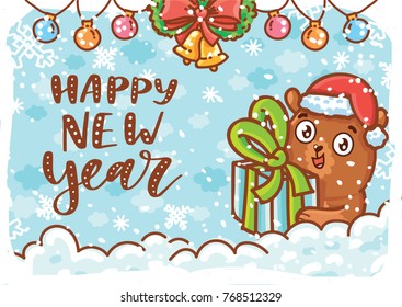 Happy New Year. Holiday greeting card with lettering, calligraphy text, and cute teddy Bear character on winter background with snow. Illustration art in hand drawn cartoon, doodle style for print
