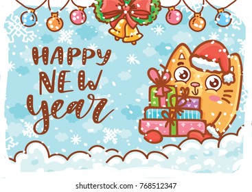 Happy New Year. Holiday greeting card with lettering, calligraphy text, and cute ginger Cat character on winter background with snow. Illustration art in hand drawn cartoon, doodle style for print