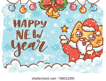 Happy New Year. Holiday greeting card with lettering, calligraphy text, and cute ginger Cat character on winter background with snow. Illustration art in hand drawn cartoon, doodle style for print