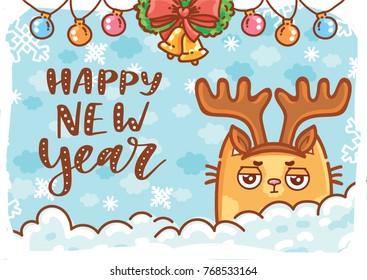 Happy New Year. Holiday greeting card with lettering, calligraphy text, and cute ginger Cat character on winter background. Illustration art in hand drawn cartoon, doodle style for print design