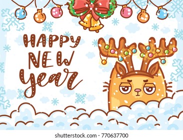 Happy New Year. Holiday greeting card illustration with lettering, calligraphy text, and cute ginger Cat character on winter background with snow. Art in hand drawn cartoon, doodle style for print