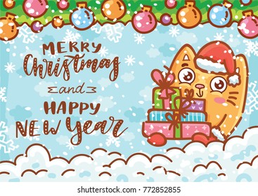 Happy New Year. Holiday greeting card with lettering, calligraphy text, and cute ginger Cat character on winter background with snow. Illustration art in hand drawn cartoon, doodle style for print
