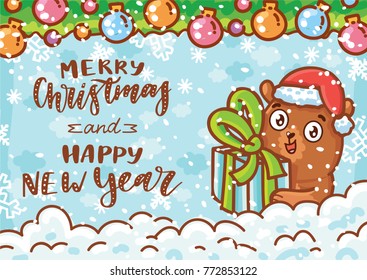 Happy New Year. Holiday greeting card with lettering, calligraphy text, and cute teddy Bear character on winter background with snow. Illustration art in hand drawn cartoon, doodle style for print