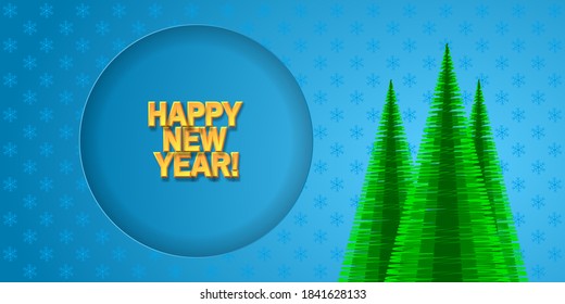Happy New Year holiday illustration. Green fir trees and the Happy New Year golden text. EPS10