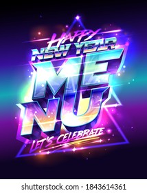 Happy New Year holiday menu cover design, shiny vector poster design, disco lights on a backdrop