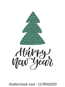 Happy New Year! Holiday postcard with Christmas tree. Vector illustration 
