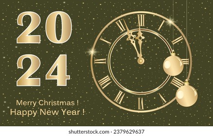 Happy New Year. Holiday poster, greeting card. Golden numbers 2024 on dark glowing background with clock and Christmas balls. Vector illustration.