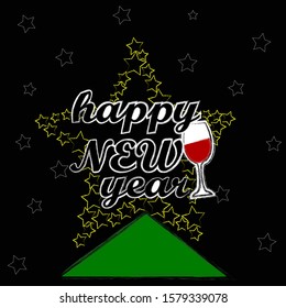 Happy New Year .Holiday scene with big yellow star and glass of wine.Toasting.Decoration.Happy Holidays.