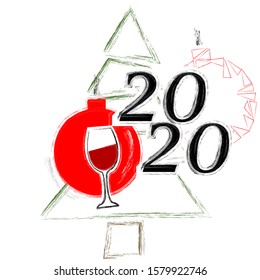 Happy New Year. Holiday scene with Christmas tree, Christmas ball and glass of wine. Toasting. Decoration. Happy Holidays.